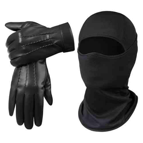 Winter Balaclava Face Mask PU Leather Gloves Set,Breathable Full Face Mask Touchscreen Waterproof Gloves for Men Women