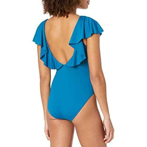 La Blanca Women's Standard Island Goddess Strappy V-Front Ruffle Shoulder One Piece Swimsuit