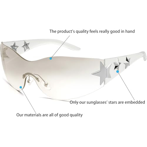 Rimless Y2K Sunglasses Star Wrap Around Glasses 2000S Accessories for Women Men Trendy Fashion Cool Shield Shades