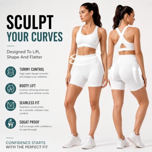 Women's High Waisted Workout Shorts with Scrunch Butt and Tummy Control - Medium White