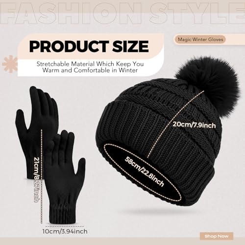 Women Knitted Beanie Hat and Gloves Set - Winter Gift for Women - Black
