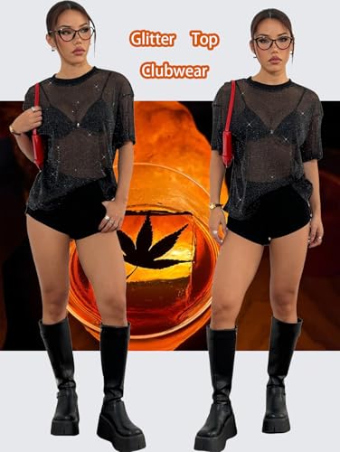 Women Sparkly Glitter Rave Outfits Sheer Going Out Top - Medium Black - Y2K