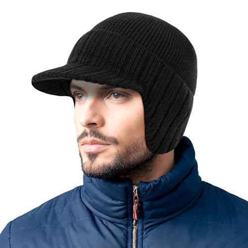 Winter Beanie with Brim and Ear Flaps for Men, Knitted hat with Fleece Lining for Warmth Caps for Men Women