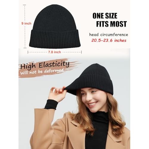 Wool Beanie for Men Women, Seamless Knit Cuffed Warm Winter Hats Fisherman Beanies Womens Ski Hat Skull Cap Unisex