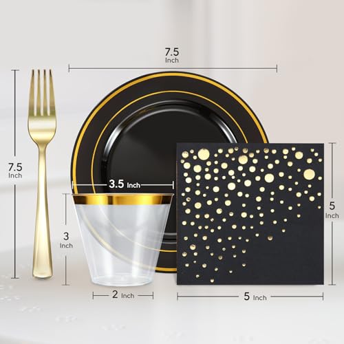 Black and Gold Dessert Plates Set with Cups, Forks, Napkins - 100 Pack - Variation: Black