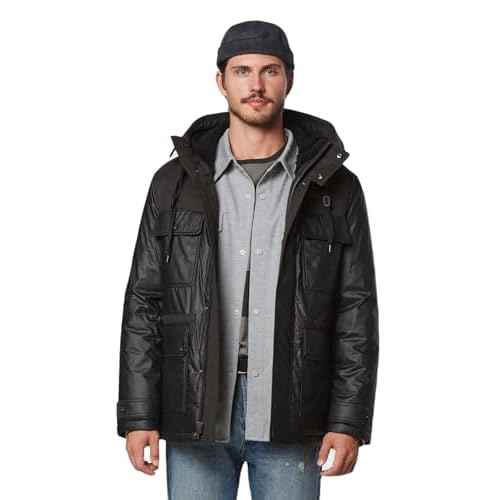 Andrew Marc mens Short Fabric Blocked Parka With a Sherpa Lined Hood Harrigan Hooded Cuff Tab With Adjustable Snap