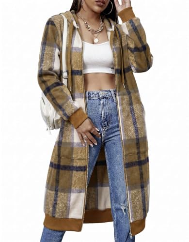 Women Casual Zip Up Fleece Hoodies Tunic Sweatshirt Long Jacket XL Khaki Plaid