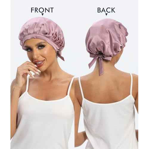 Cocheng 100% Mulberry Silk Bonnet Double-Sided Sleep Cap with Adjustable Ribbon 19 Momme Silk Bonnet for Sleeping (Bean Pink)