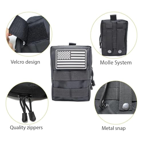 Black Tactical Molle Pouch Set with Flag Patches - Compact Water-Resistant Utility Bags