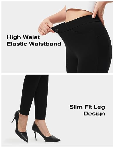 Women's Skinny Yoga Dress Pants with Pockets - 28 Inch Inseam, Large, Black