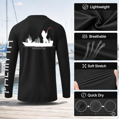Palmyth Men's Long Sleeve Sun Protection Fishing Shirt UPF 50+ Rash Guard Black Bigfoot Boat XL