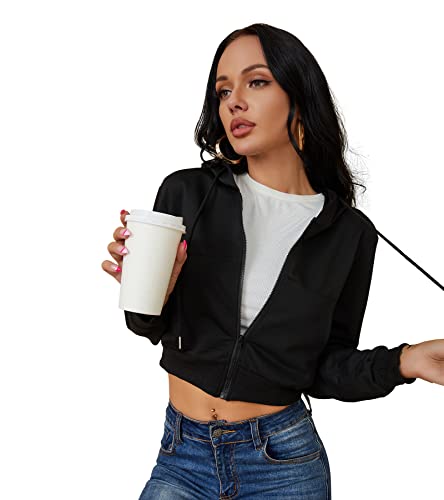 Women's Cropped Hooded Sweatshirt Zip Up Hoodie Small Black Casual Long Sleeve Top
