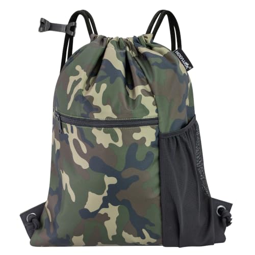 Water-Resistant Sport Gym Sack Backpack with Drawstring - Green Camo