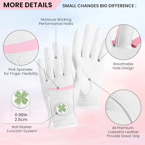 Women's Golf Glove with Bling Ball Marker - Left Hand, White, Medium