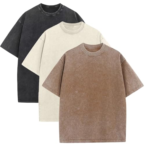 Men's Oversized Cotton T-Shirt - Loose Fit Vintage Washed Casual Top - Large Beige+Coffe+Black