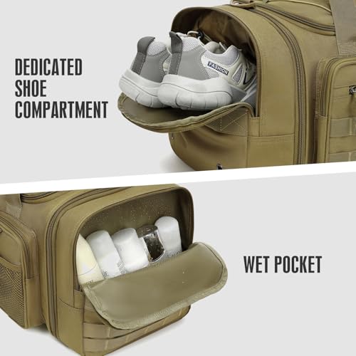 Brown 3-in-1 Tactical Gym Bag Backpack 40-45L Expandable Travel Duffle with Shoe & Wet Pockets