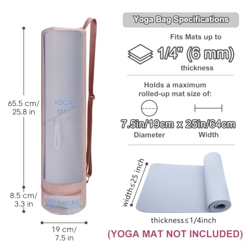 Pink Yoga Mat Carrier Bag for Women - Lightweight Pilates Bag with Wet & Side Pockets