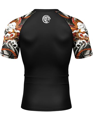 Roadbox Men's BJJ Rash Guard Short Sleeve - Large / Black & Orange Dragon