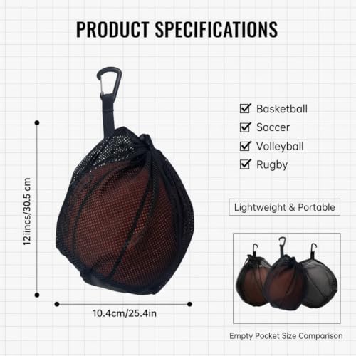 Black 2-Pack Sports Ball Bag 12x10 Inch Mesh Storage with Zipper Pocket and Adjustable Drawstring