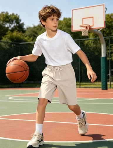 Youth Quick Dry Cargo Shorts with Pockets - Beige, 9-10 Years - Somaibo Boys Athletic Shorts
