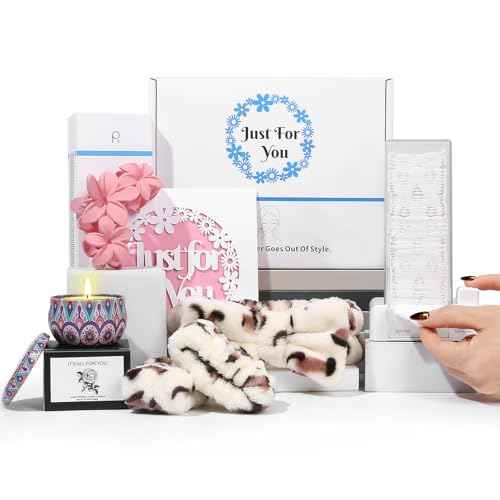Cotton Pad Holder Birthday Gifts Sets For Women,Automatic Reusable Square Dustproof Waterproof Cosmetic Bathroom Pad Dispenser include Cotton Pads,Headband,Wrist Bands,Hair Clips Scented Candles