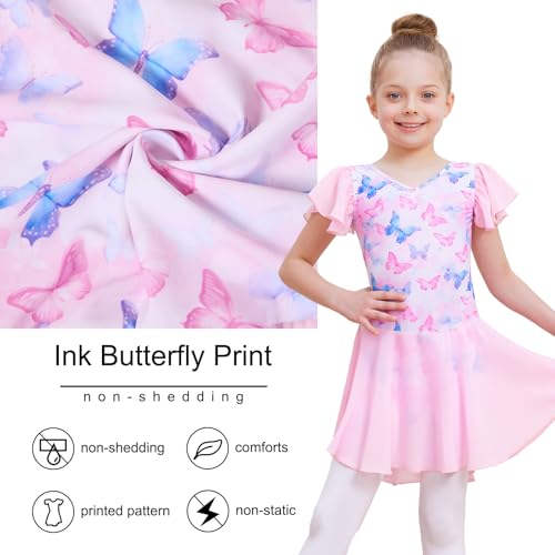 DIPUG Girls Ballet Leotard with Butterfly Design - Pink, Yarn Sleeve, 6-8 Years