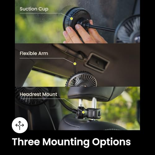 Car Camping Fan with Suction Cup Mount - USB-C Portable Fan for Vehicles & Tents