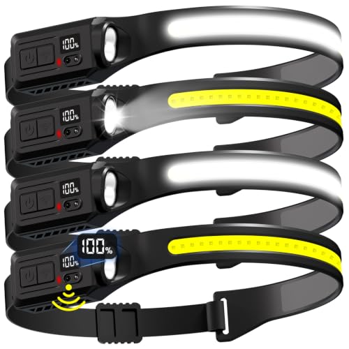 Rechargeable LED Headlamp 4 Pack with Motion Sensor, 230° Wide Beam - Black