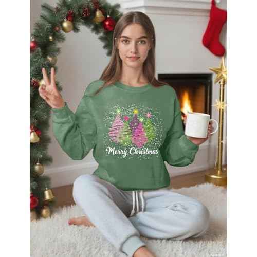 Christmas Sweatshirts for Women Christmas Tree Long Sleeve Shirt Merry Xmas Holiday Sequin Pullover Tops