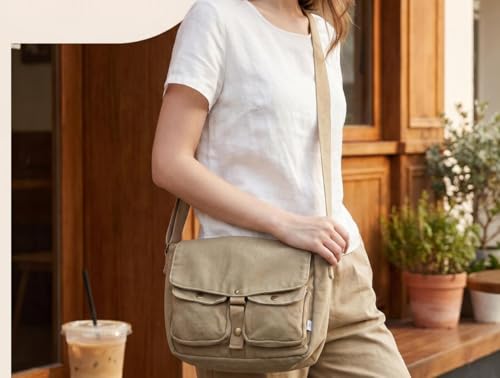 Khaki School Canvas Messenger Bag - Crossbody Vintage Satchel for Students