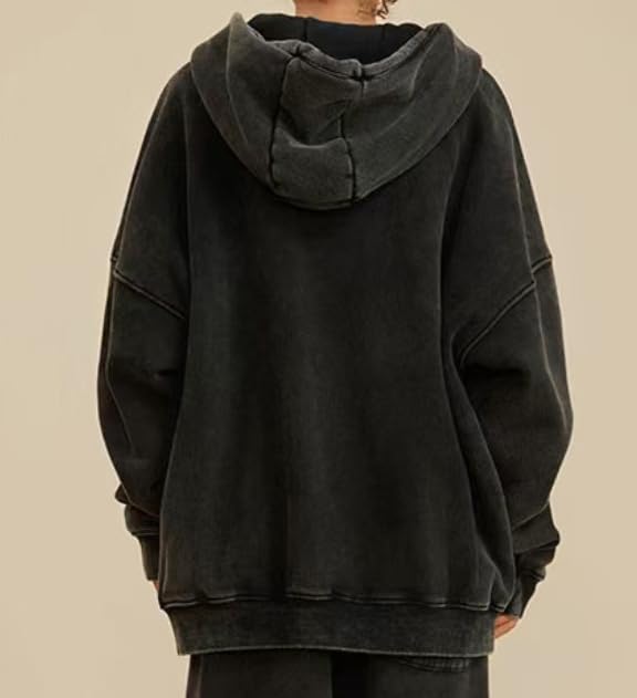 Men's Zip-Up Hoodie Large Black Solid Oversized Hip-Hop Casual Sweatshirt