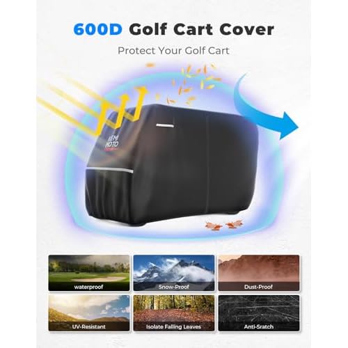 KEMIMOTO 600D Waterproof Golf Cart Cover, Universal Heavy Duty Large 6-Seater Golf Cart Rain Cover with Storage Bag Compatible with EZGO Club Car 6/4+2 Passenger, Black