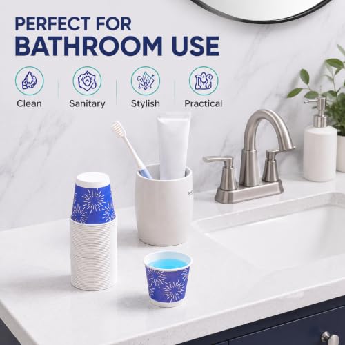 Tamone 600 Pack 3 oz Disposable Bathroom Cups - Green, Blue & Purple Fireworks Design, Small Paper Cups for Party, Travel, Home & Events