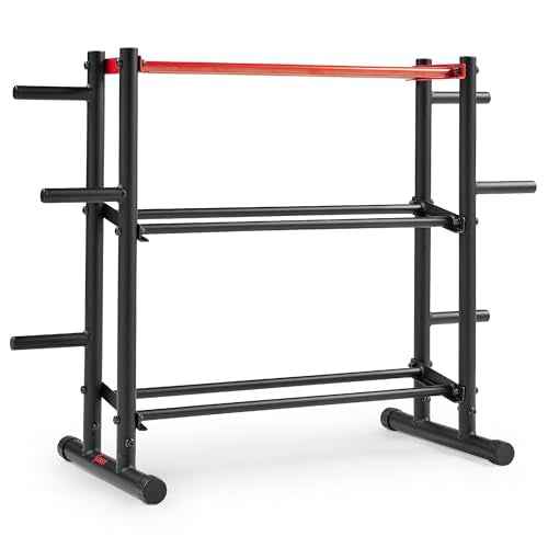 Sunny Health & Fitness Multi-Weight Storage Rack Stand for Dumbbells, Kettlebells, Olympic Weight Plates, Barbell, Medicine Ball