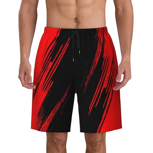 Men's Red Black Medium Swim Trunks with Mesh Lining, Quick-Dry Beach Shorts