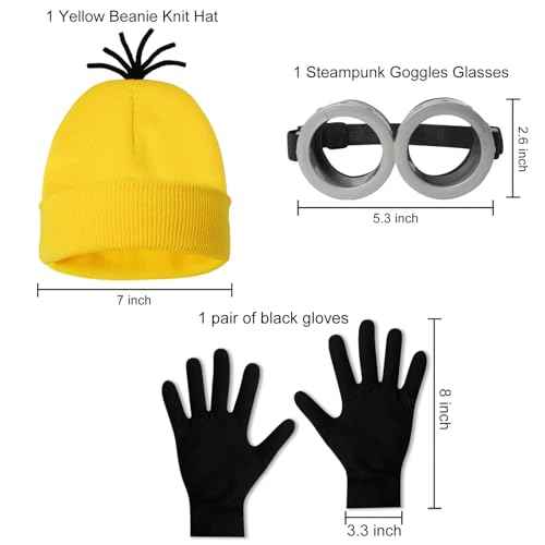 3 Pcs Halloween Costume Accessories Adult,Goggles Glasses/Yellow Beanie/Gloves for Men Women Cosplay Party Set