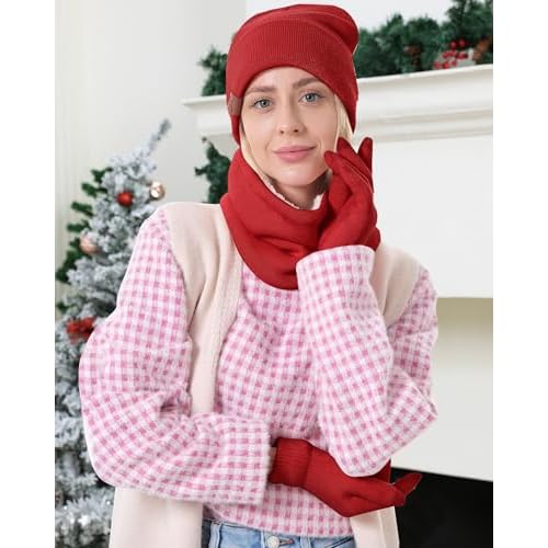Winter Beanie Hat Scarf Touchscreen Gloves Set for Men and Women, Beanie Gloves Neck Warmer Set with Warm Knit Fleece Lined
