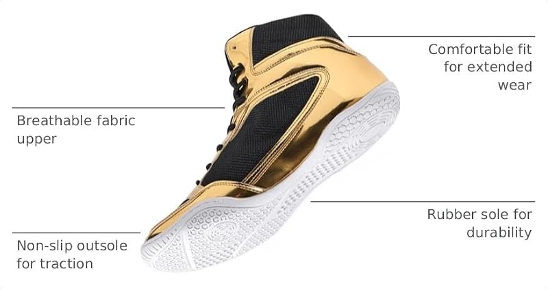 Wrestling/Boxing Shoes for Men - High Top Weightlifting Boots, Lightweight, Non-Slip - Gold 9.5