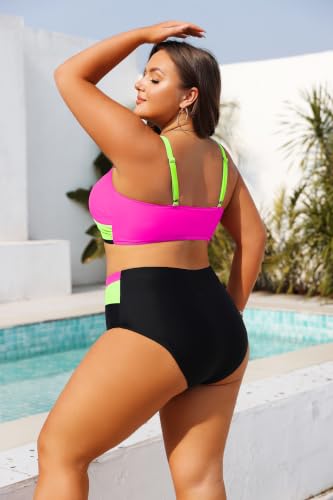 Plus Size High Waisted Bikini Set - Color Block Two-Piece Swimsuit, Green Pink Black 16