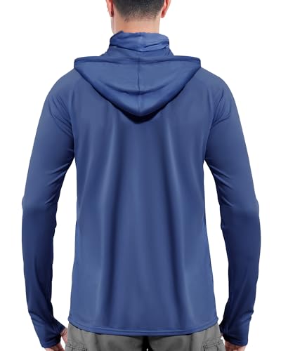 Men's UPF 50+ Sun Hoodie with Face Mask - Large Navy Blue for Fishing