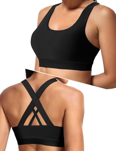 Women’s Sports Bra with Removable Cups - Black, Large, Medium Support Workout Yoga Running