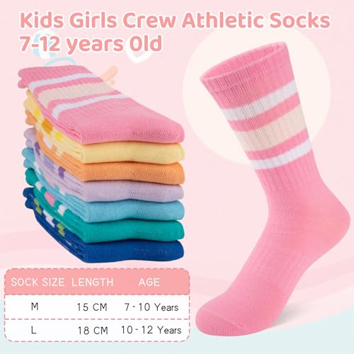 Girls Crew Socks 7 Pairs Kids Athletic Calf Socks Casual Stripe White 10-12 Years