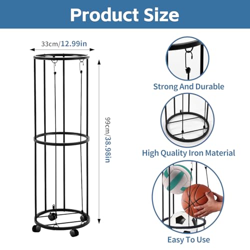Heavy Duty Black Rolling Ball Storage Rack for Sports Equipment - Fits Basketball, Soccer, Volleyball, Football - Qevylentte