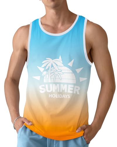Mens Beach Tank Top Sleeveless Shirt for Summer American Flag Print Graphic - Large