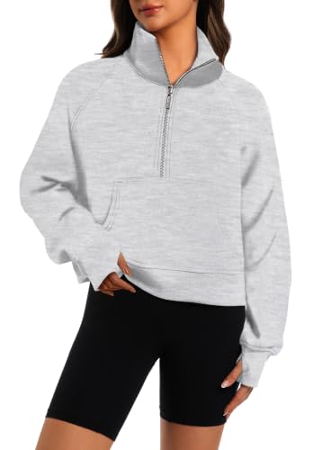 Women's Half Zip Cropped Fleece Hoodie - Small Grey Fall Fashion