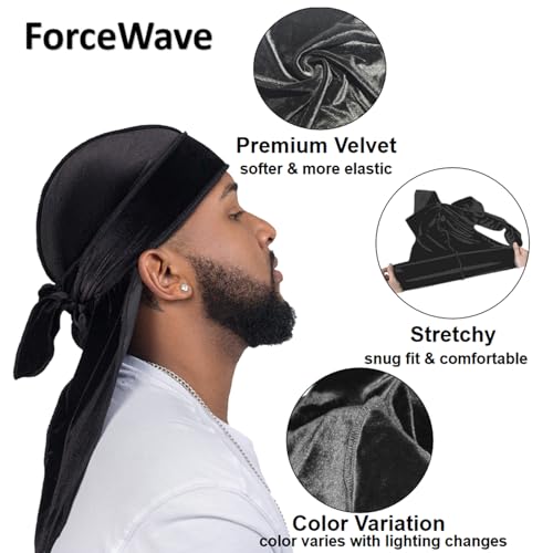 ForceWave Velvet Durags for Men & Women Pack of 4 - Black Grey Baby Blue Purple