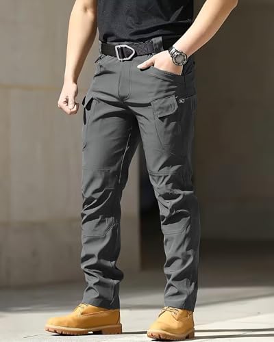 Men's Cargo Tactical Pants Work Hiking Trousers Waterproof Lightweight Elastic Waist - Dark Grey Medium
