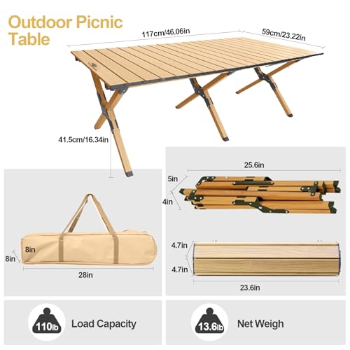 Natural Folding Camping Table with Carry Bag - Portable Aluminum Picnic & Beach Table