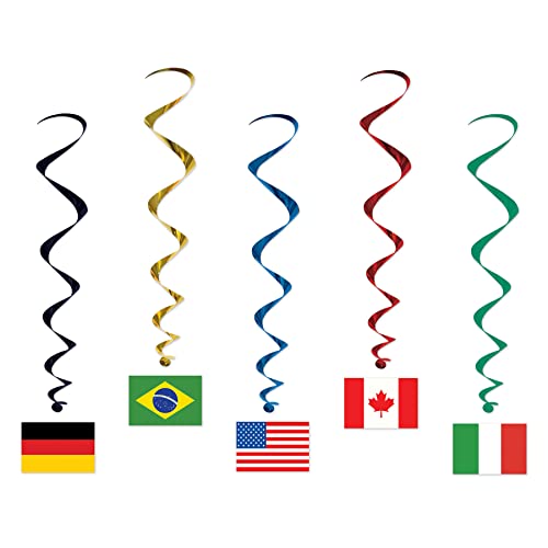 International Flag Whirls - 5 Pack Hanging Decorations with Multinational Flags