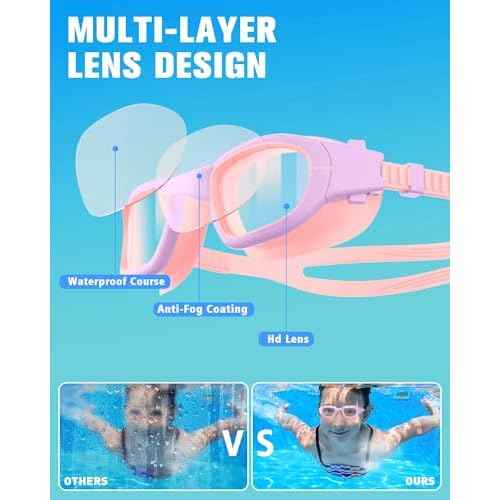 Kids Swim Goggles with Silicone Swim Cap, Swimming Goggles Cap Set for Kids 6-14, Anti-Fog Anti-UV for Boys Girls